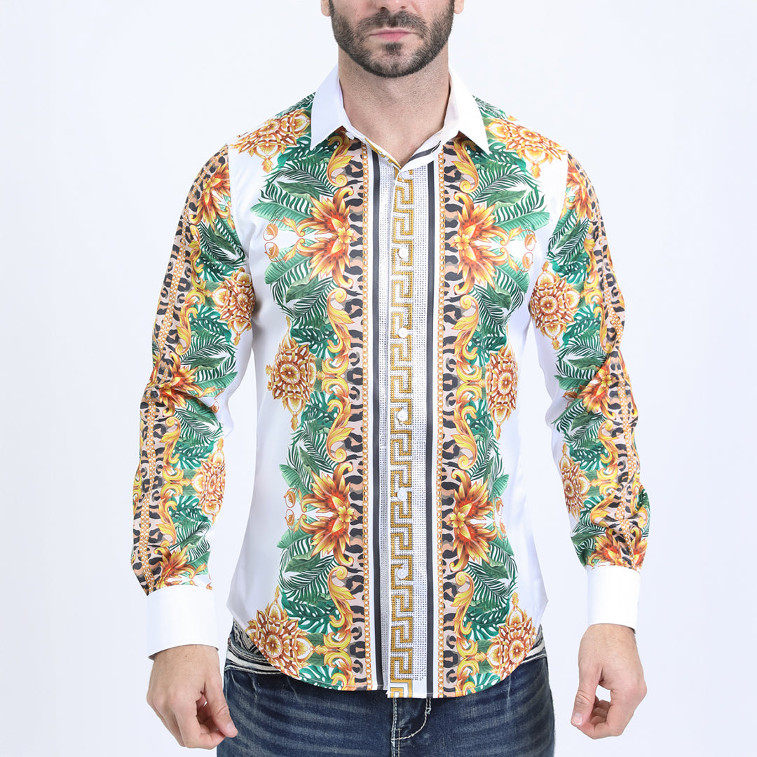 Mens Satin Digital Print White Shirt with Rhinestones Applique XL / White Mens Satin Digital Print White Shirt with Rhinestones Applique XL / White