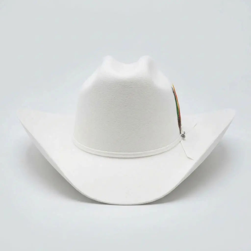 Front view of the Stetson Rancher 6X white fur felt western hat highlighting the 5-inch Cattleman crown, white ribbon band, and colorful feather detail.