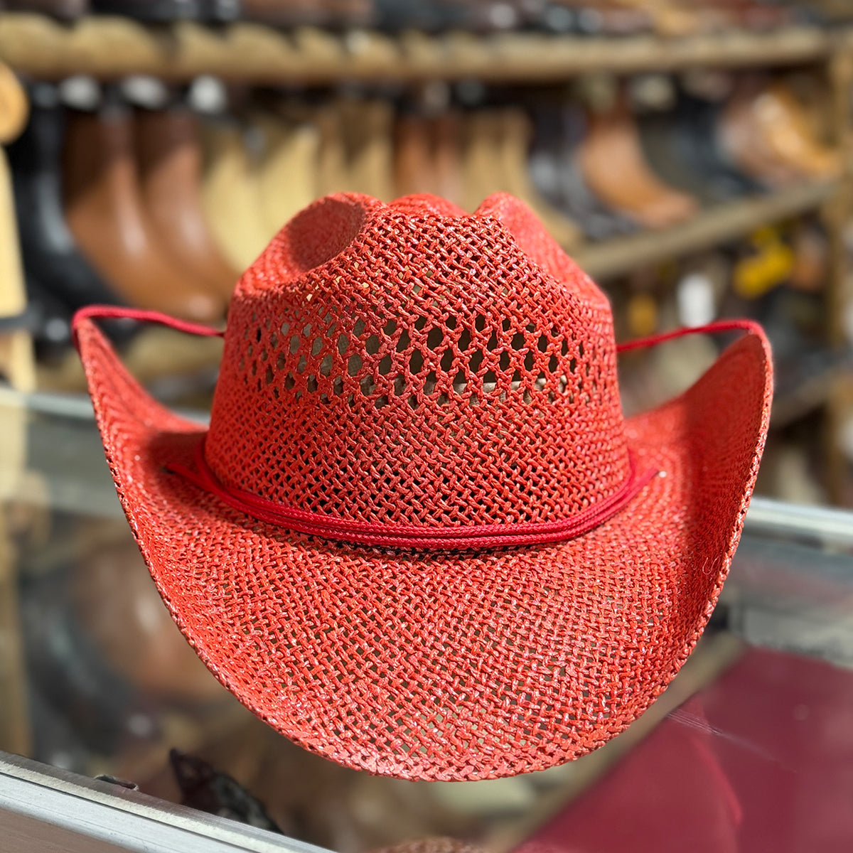 Stone red cowgirl straw hat.