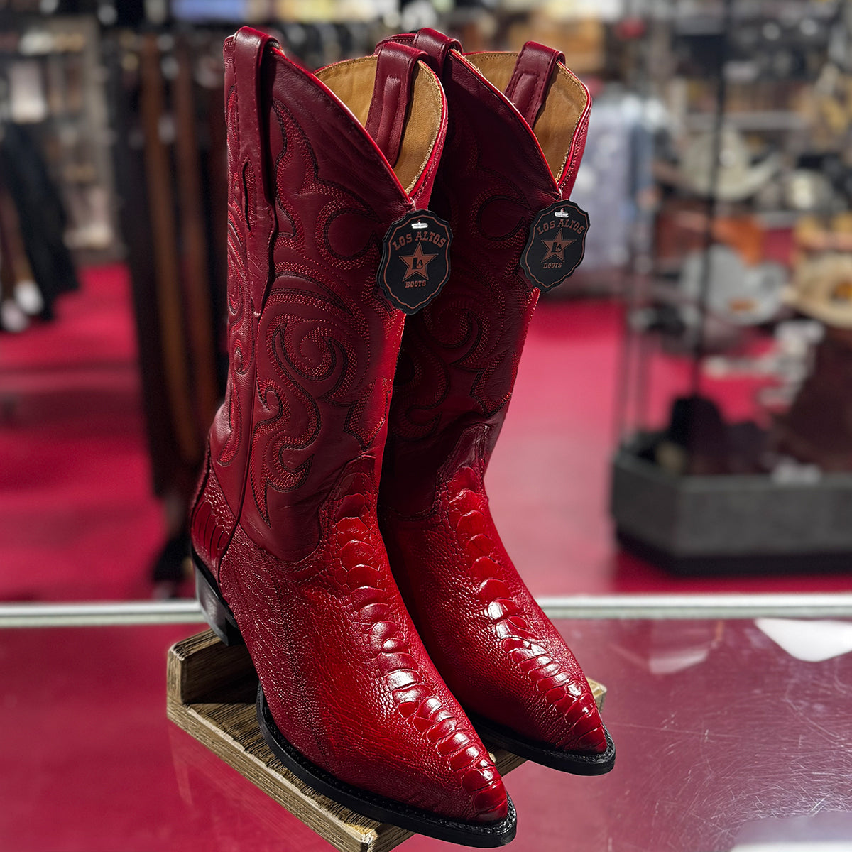 Los Altos Red Ostrich Leg Western Boots J-Toe
