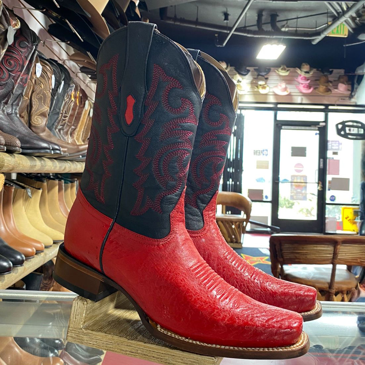 Los Altos Red Square Toe Boots Smooth Ostrich