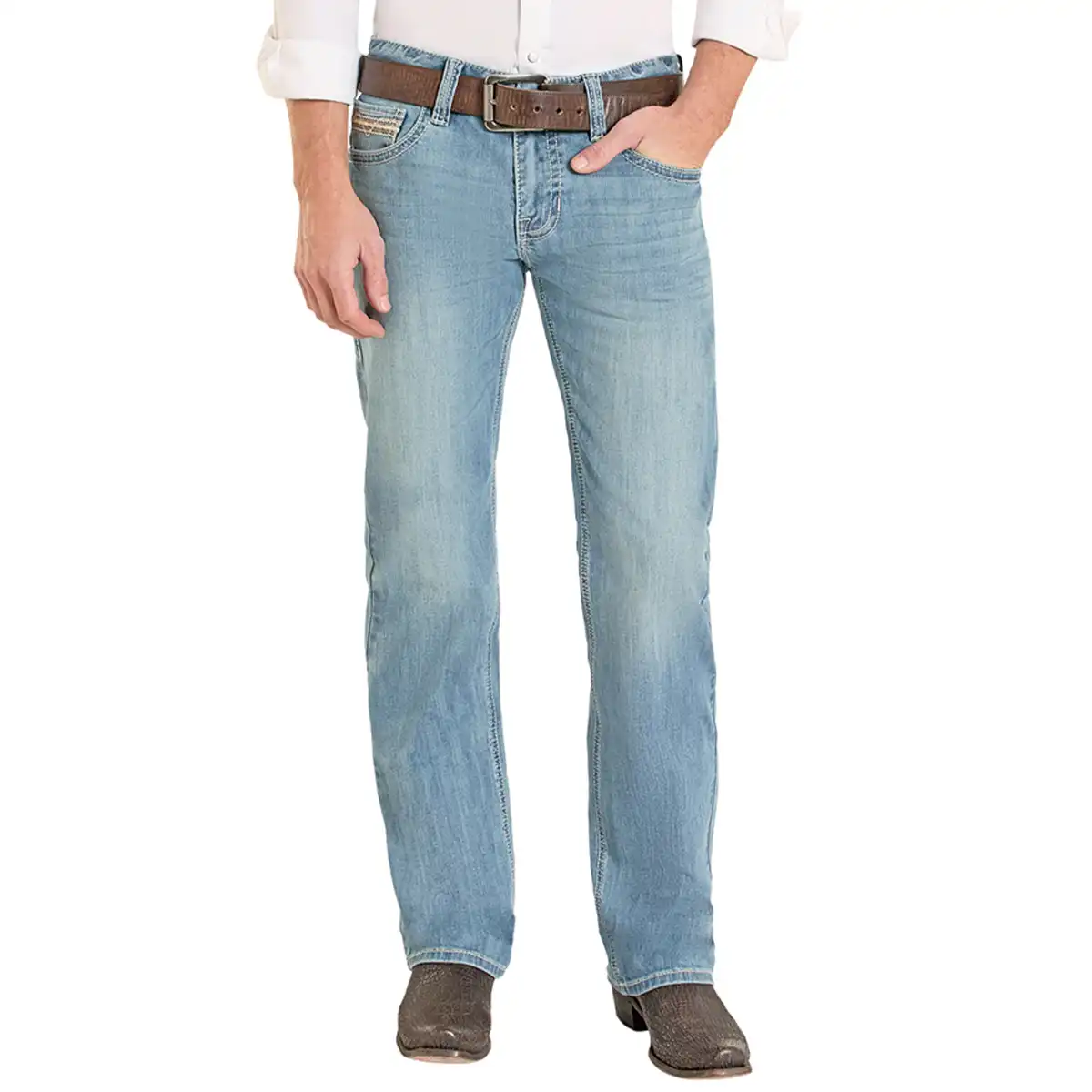 A person wearing light blue straight-leg denim jeans with a brown belt, a white shirt, and brown cowboy boots, shown from the waist down on a white background.