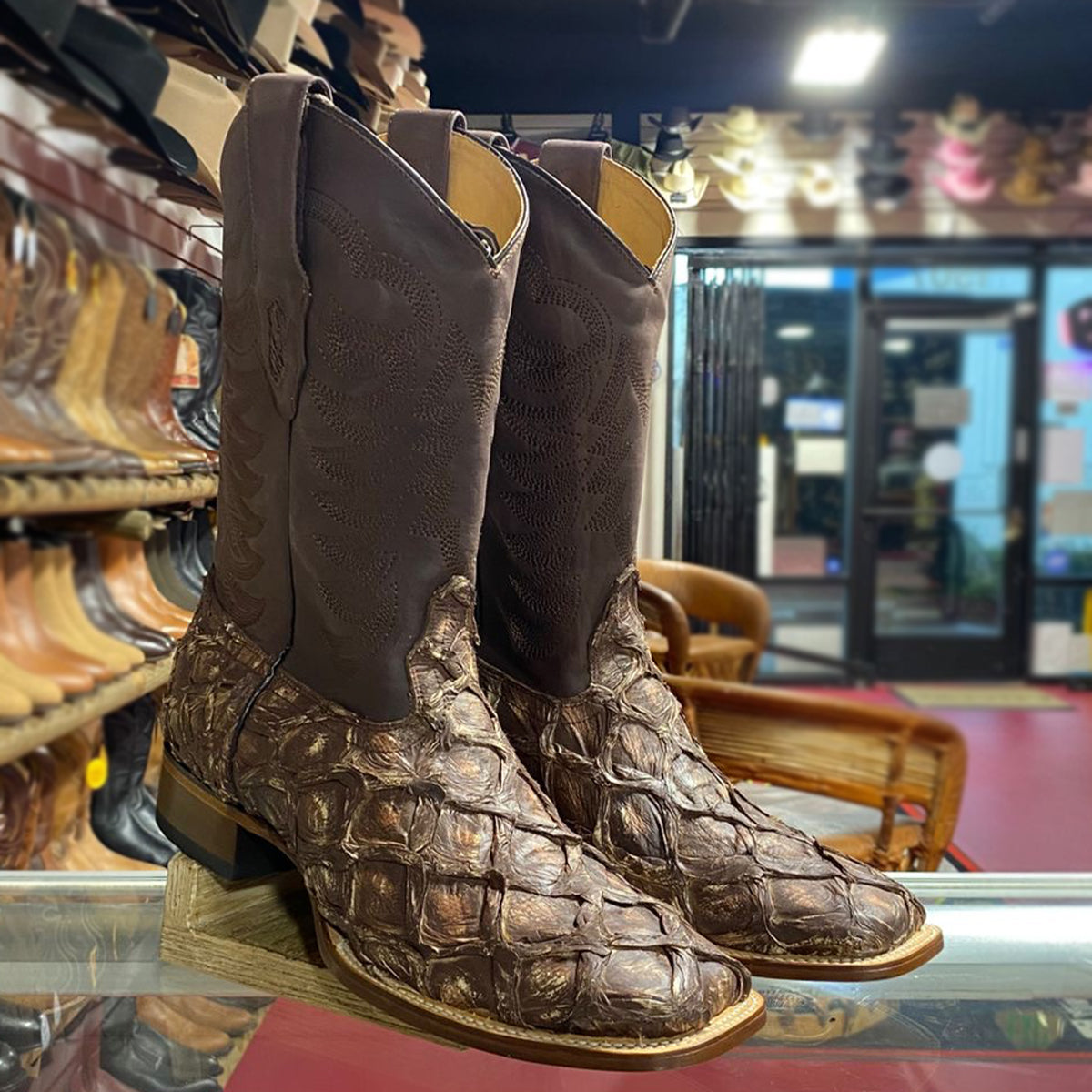 Los Altos Rustic Brown Square Toe Pirarucu Cowboy Boots