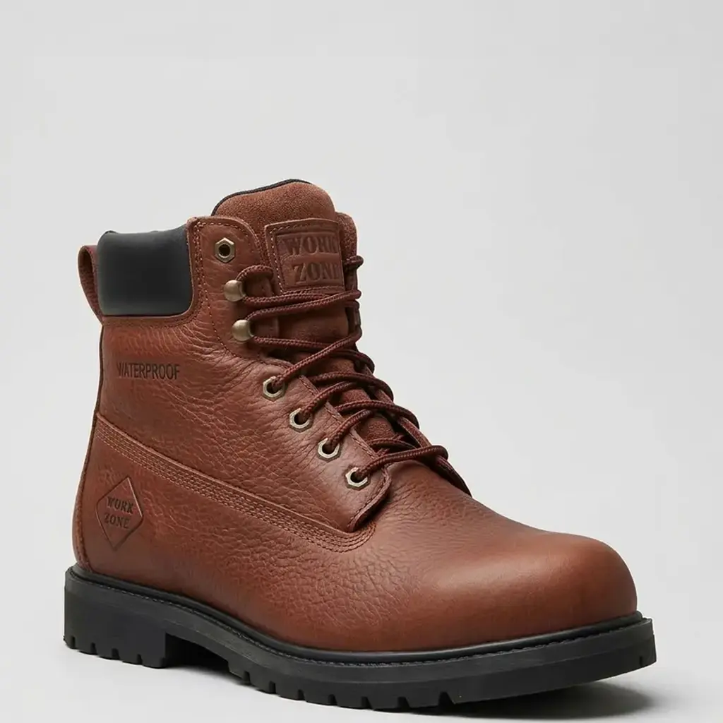 Studio profile view of the Work Zone Men's 654 6-inch waterproof brown leather work boot displaying the speed hooks, padded black collar, embossed waterproof logo, and rubber lug outsole.