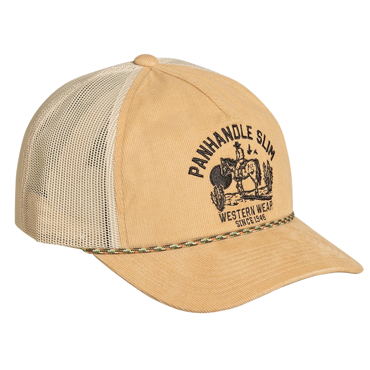 Three-quarter side angle view of the Panhandle Slim tan corduroy trucker hat displaying the curved visor and side mesh panels.