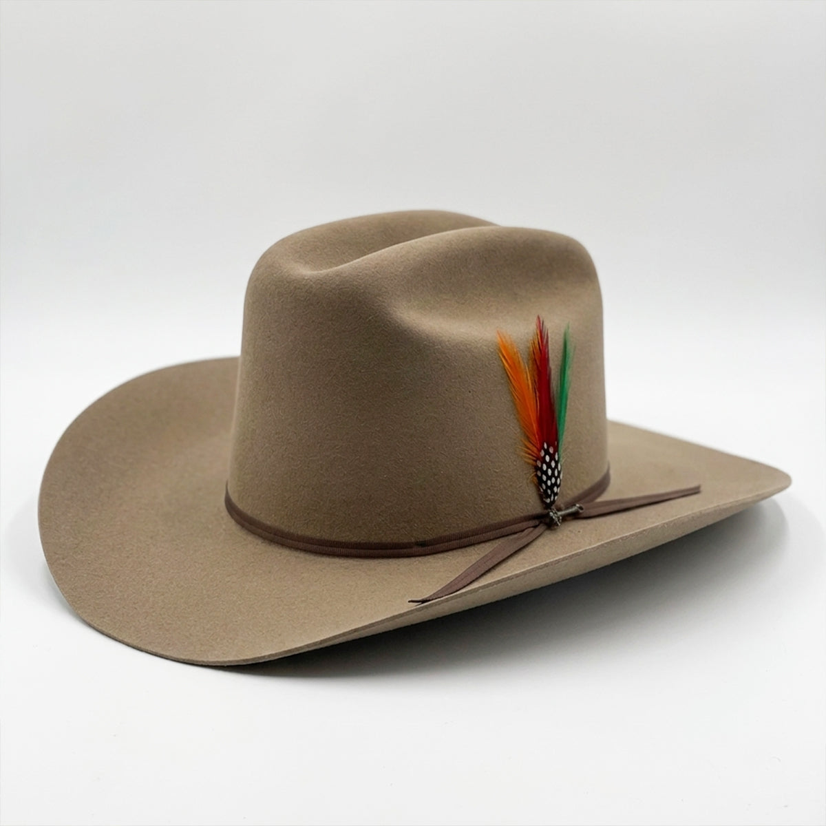 Stetson Rancher 6x Sahara brown felt cowboy hat with feather detail and small brim on a white background.