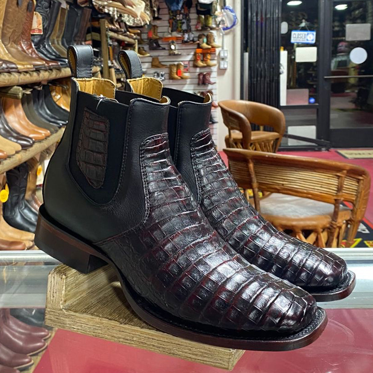 Los Altos Short Square Toe Caiman Boots Black Cherry