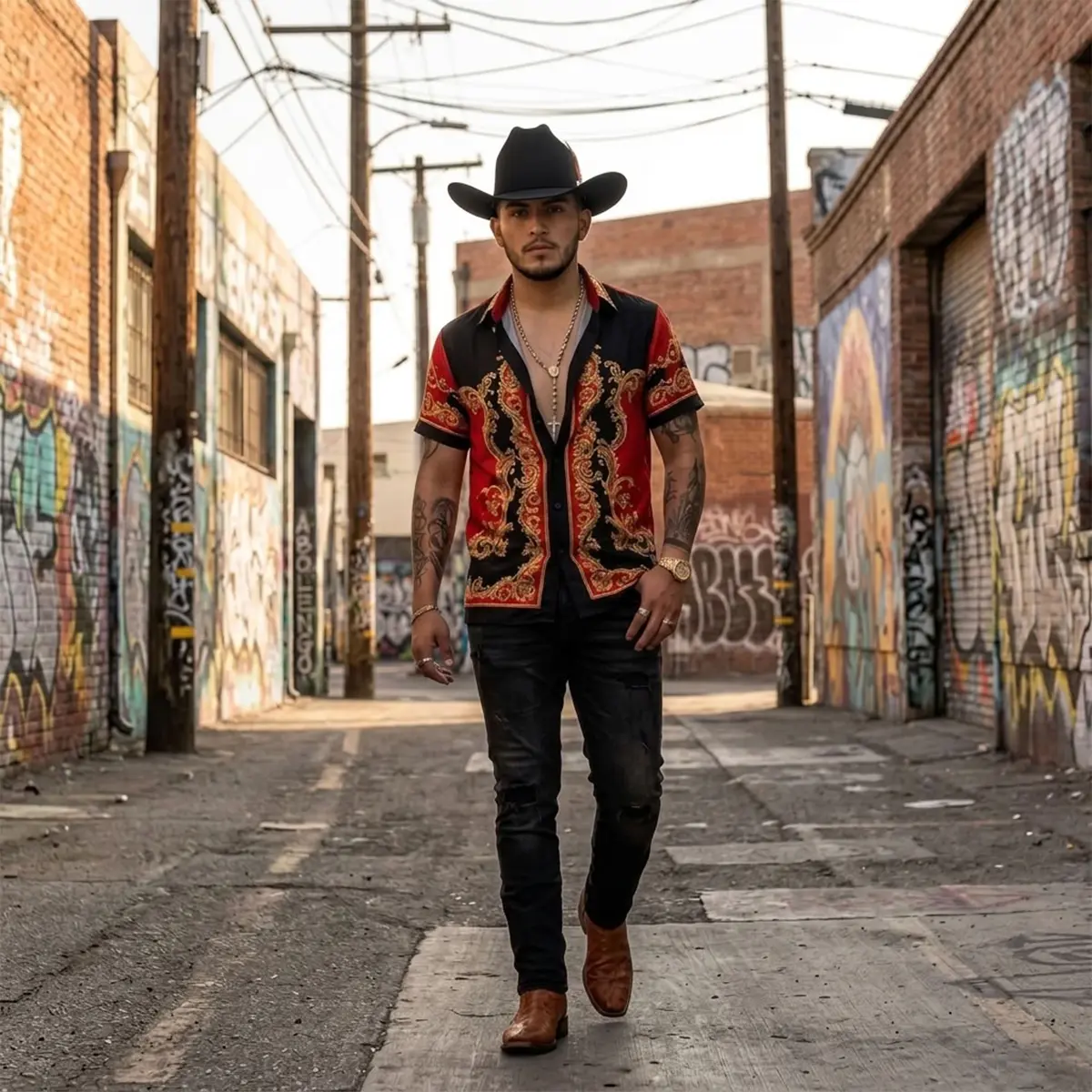 Full-length street lifestyle view of a model wearing an Abolengo black cowboy felt hat Sinaloa style, a red and black short-sleeve patterned button-down shirt, black jeans, and brown cowboy boots in an alleyway.