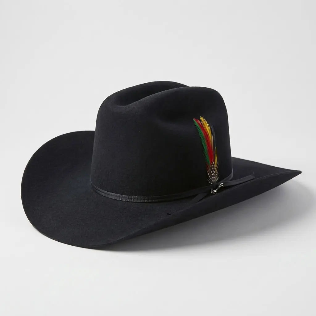 Three-quarter studio view of the Stetson 6X Spartan Black fur felt cowboy hat with custom 3.5-inch Sinaloa style brim, low crown, and colorful feather detail.