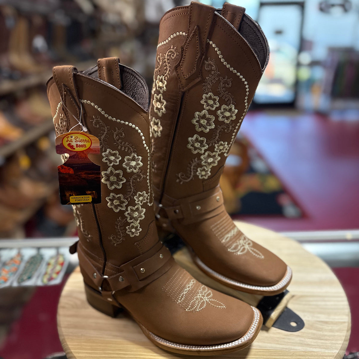 Flowered Embroidered Ladies Square Toe Boots Tan Brown