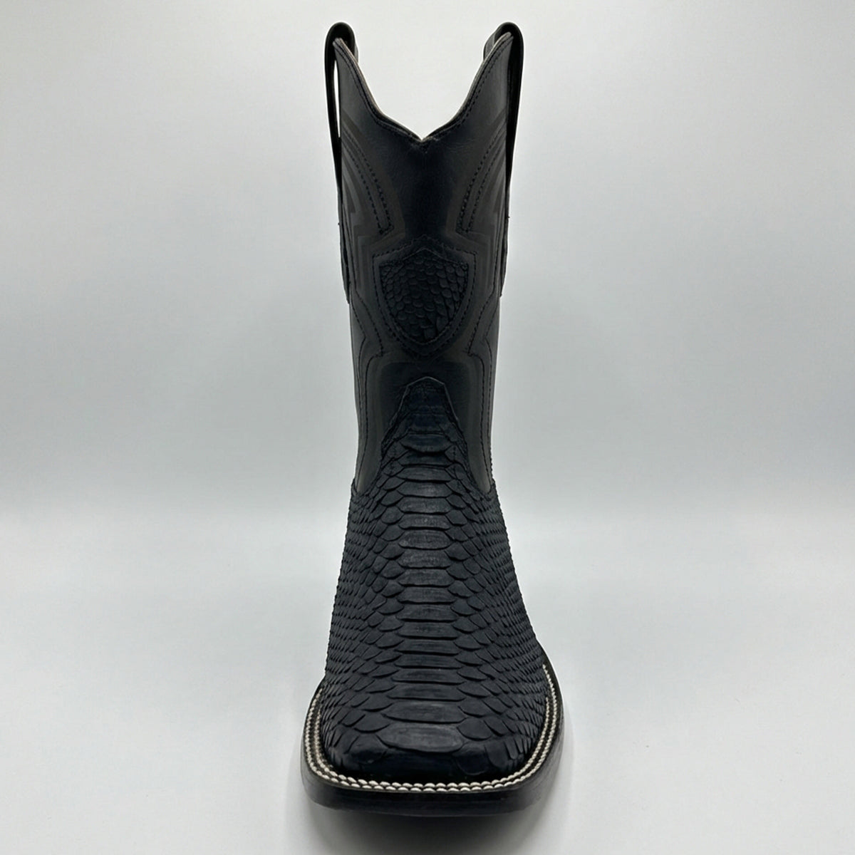 Front view Wild West Men's Black Python Wide Square Toe Cowboy Boot