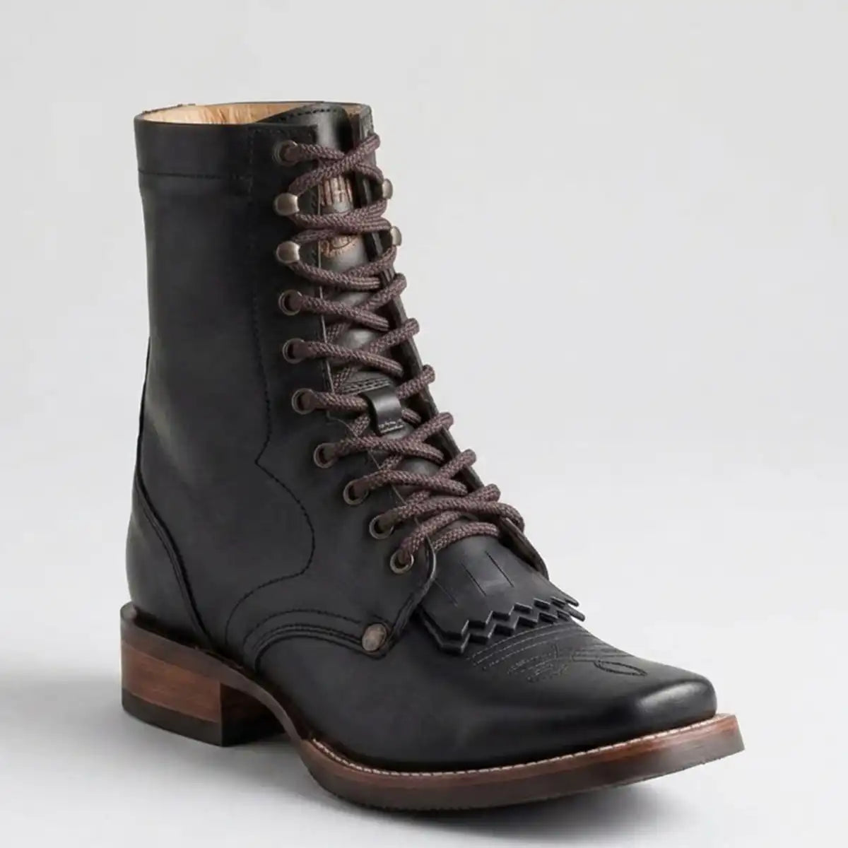 A black leather lace-up ankle boot with a brown stacked heel and dark brown laces, shown from a three-quarters angle on a light gray background.