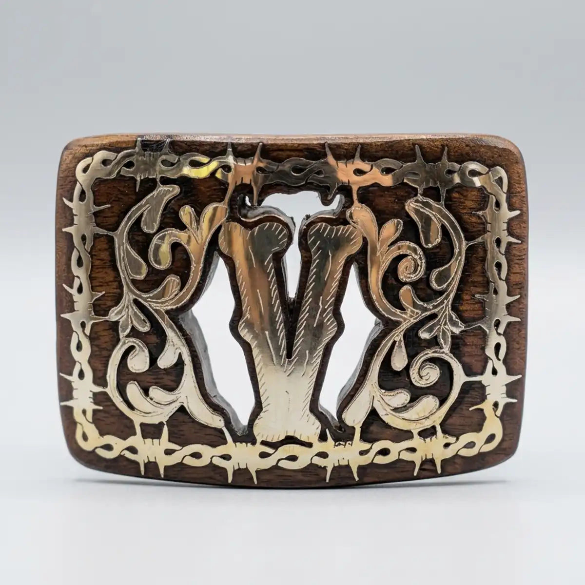 Studio white background view of the mesquite wood belt western buckle highlighting the polished letter V and intricate scrollwork.