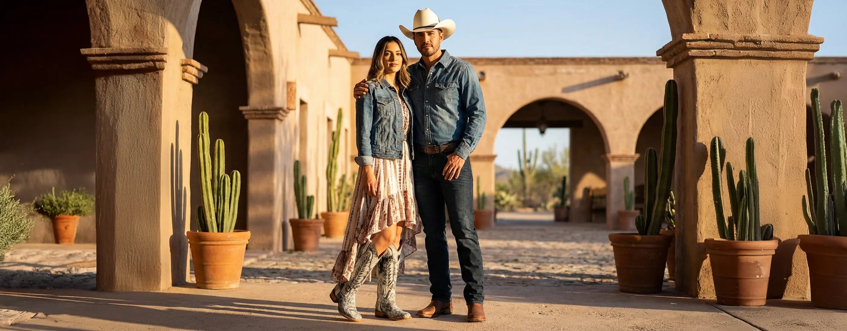 Couple wearing western outfits standing in a desert setting with cacti and arches.
