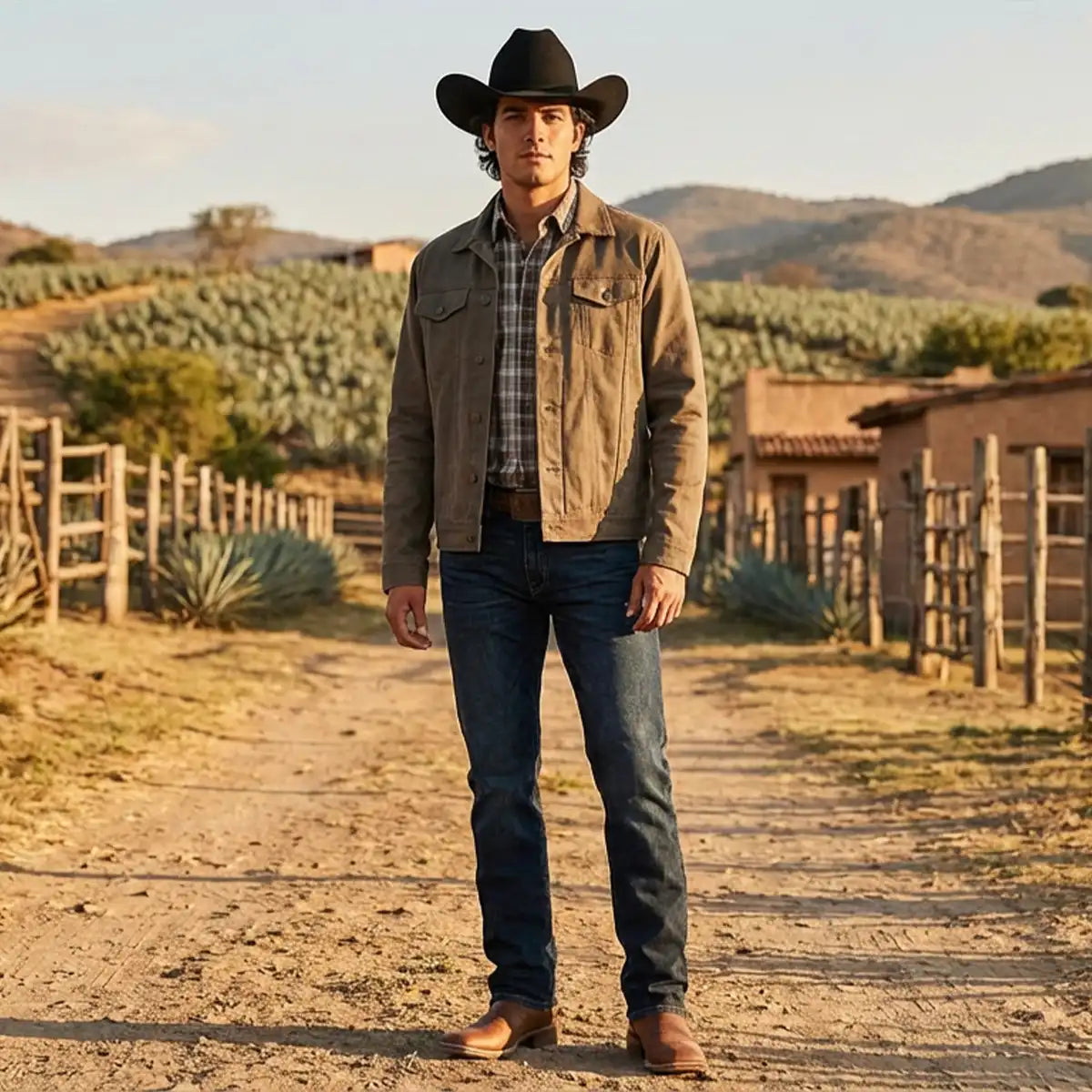 Man wearing a cowboy hat and brown jacket standing on a dirt road with a scenic background.