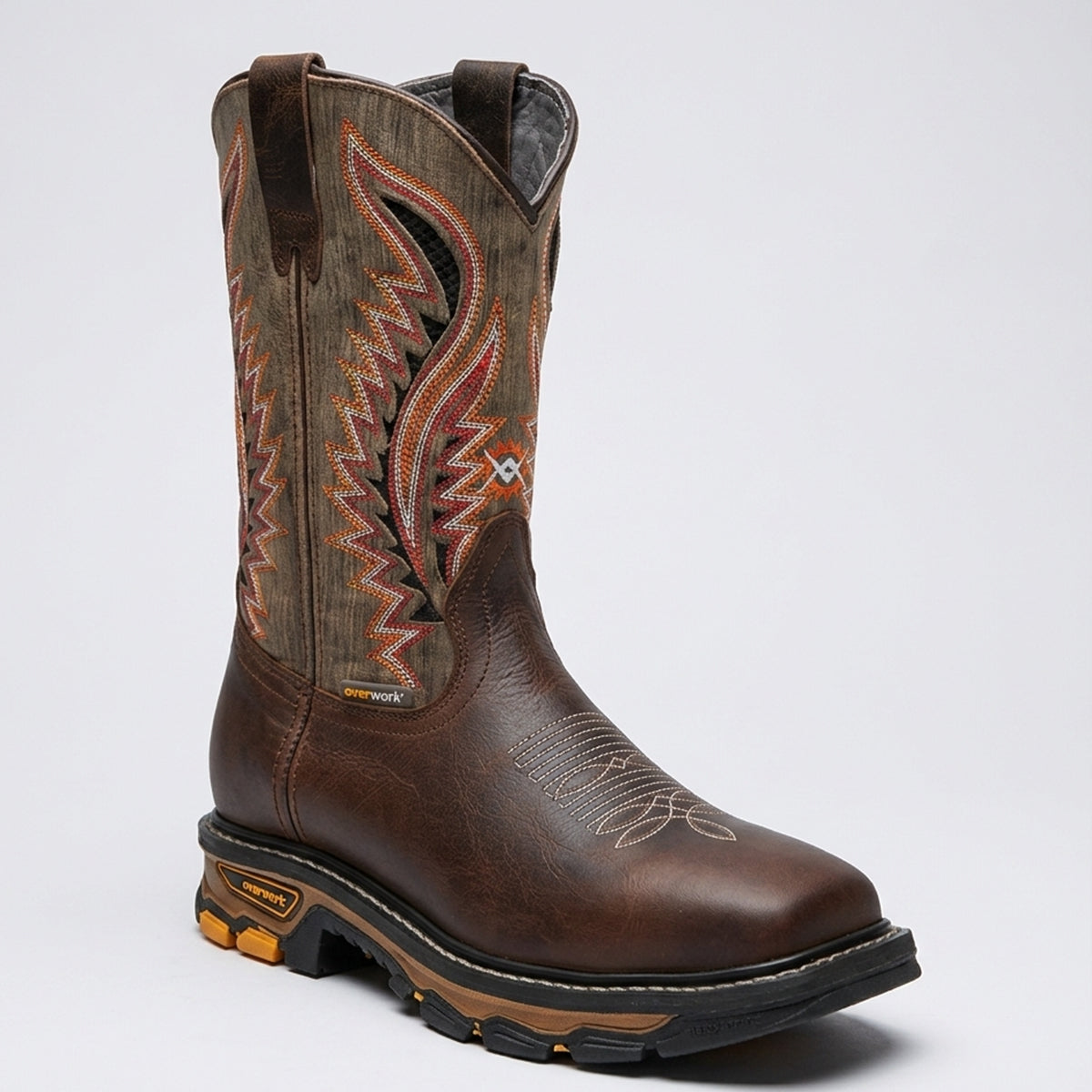 Overwork men's pull-on square toe work boots in brown leather with a textured grey-brown shaft featuring vibrant orange, red, and cream embroidery.
