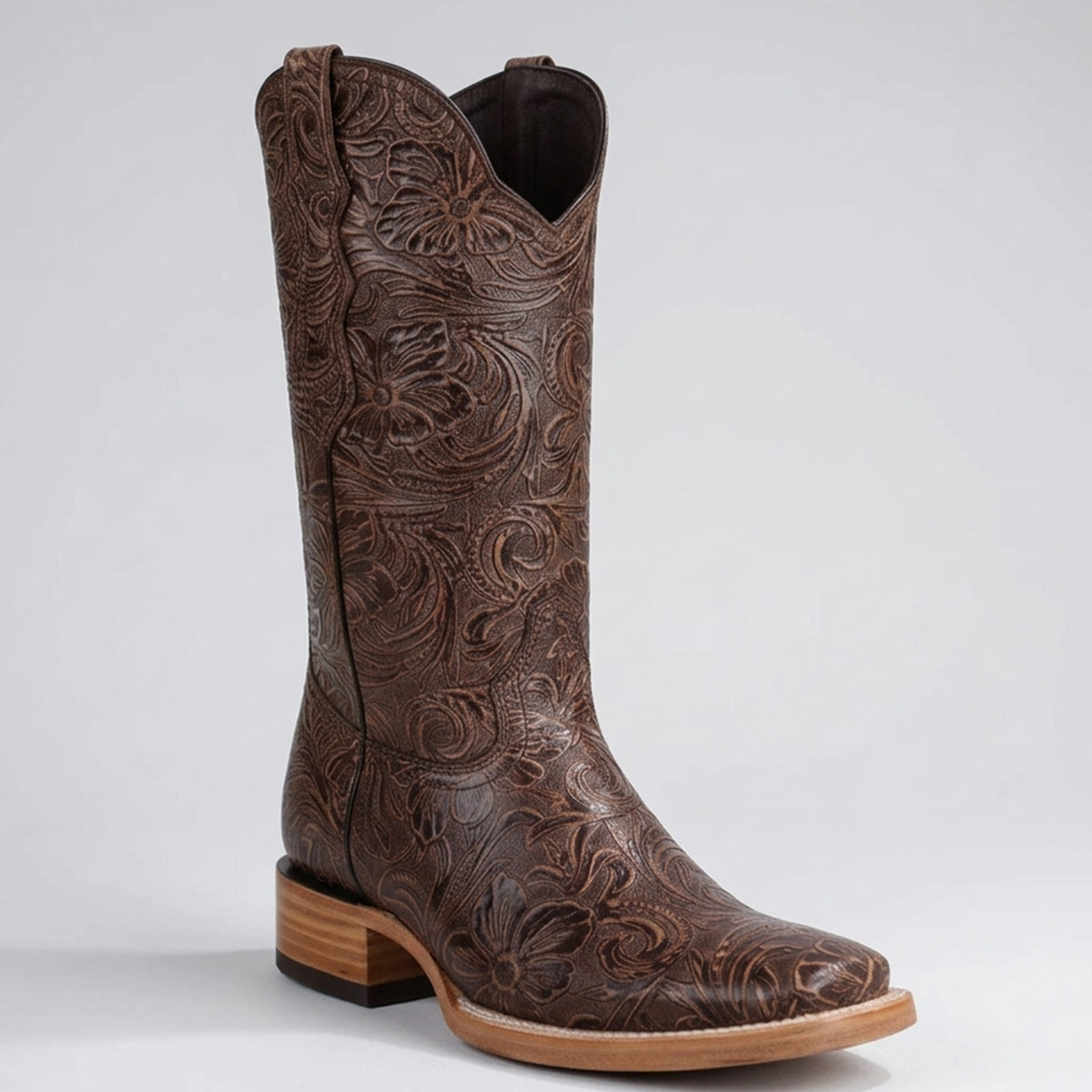 White Diamonds women's brown floral tooled print square toe cowgirl boot.