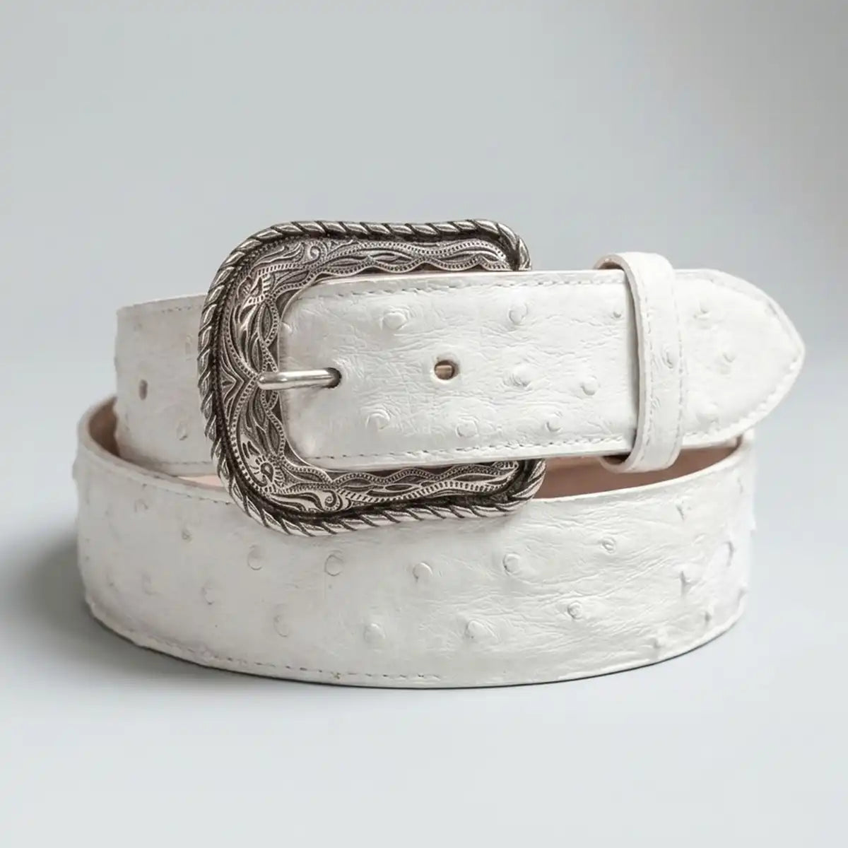 Los Altos white full quill ostrich belt showcasing the Western engraved heel-bar buckle option.