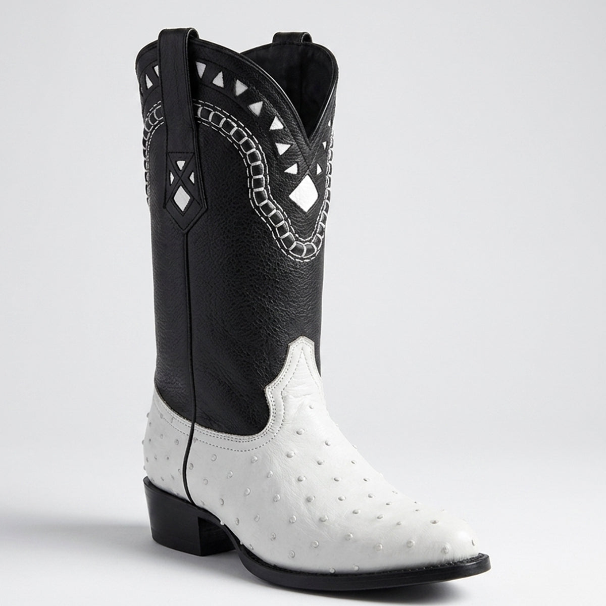 White Diamonds J-Toe Cowboy Boot featuring a white full quill ostrich leather foot, black leather upper with geometric white inlays, and leather sole.