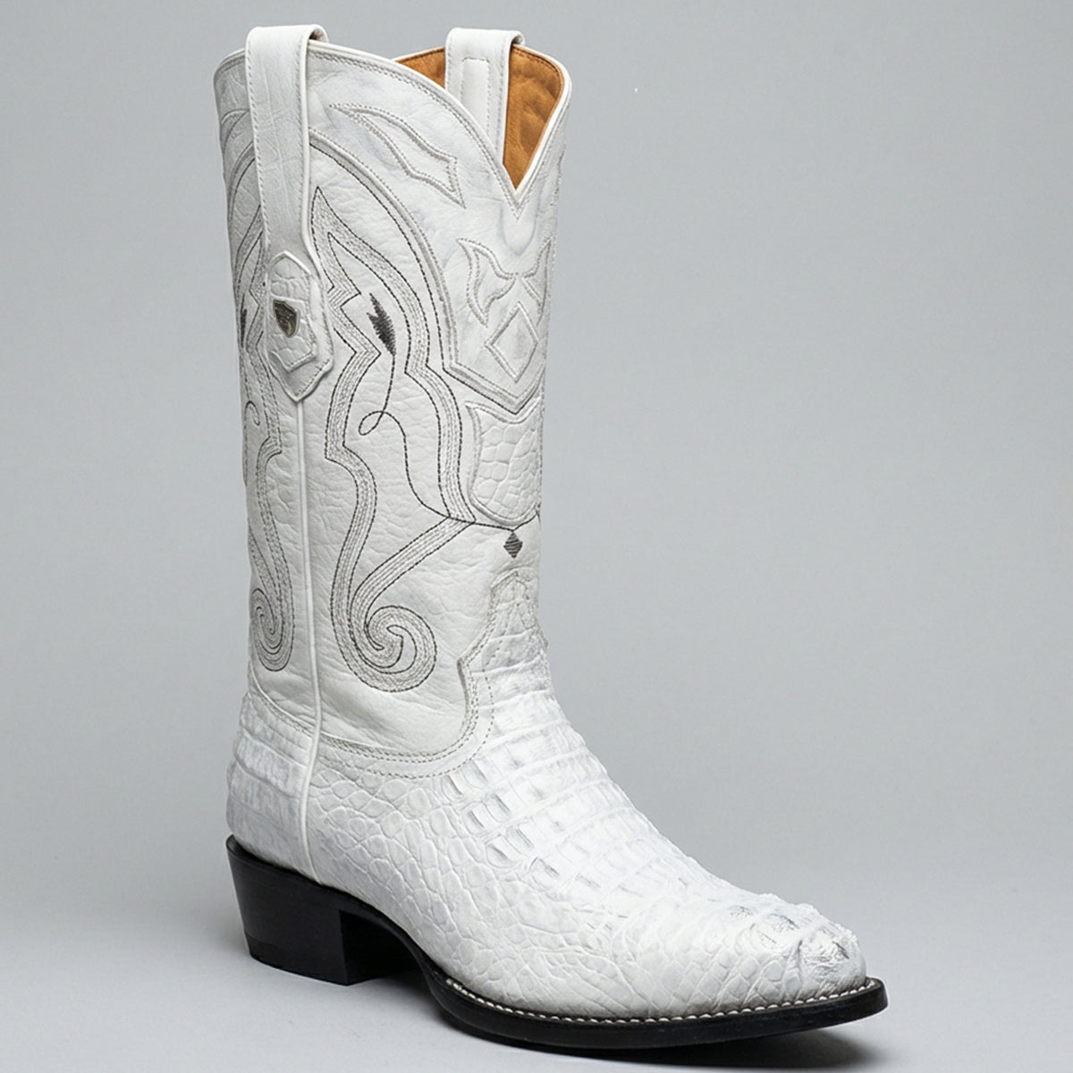 Wild West men's white caiman hornback leather western boot j-toe profile.