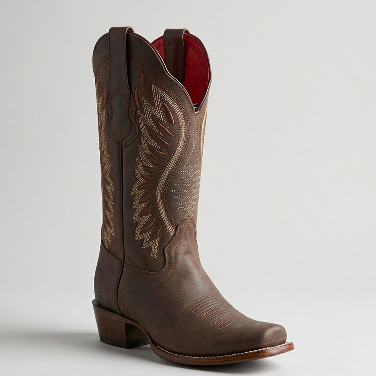 Los Altos women's brown leather cowgirl boot semi square toe profile.