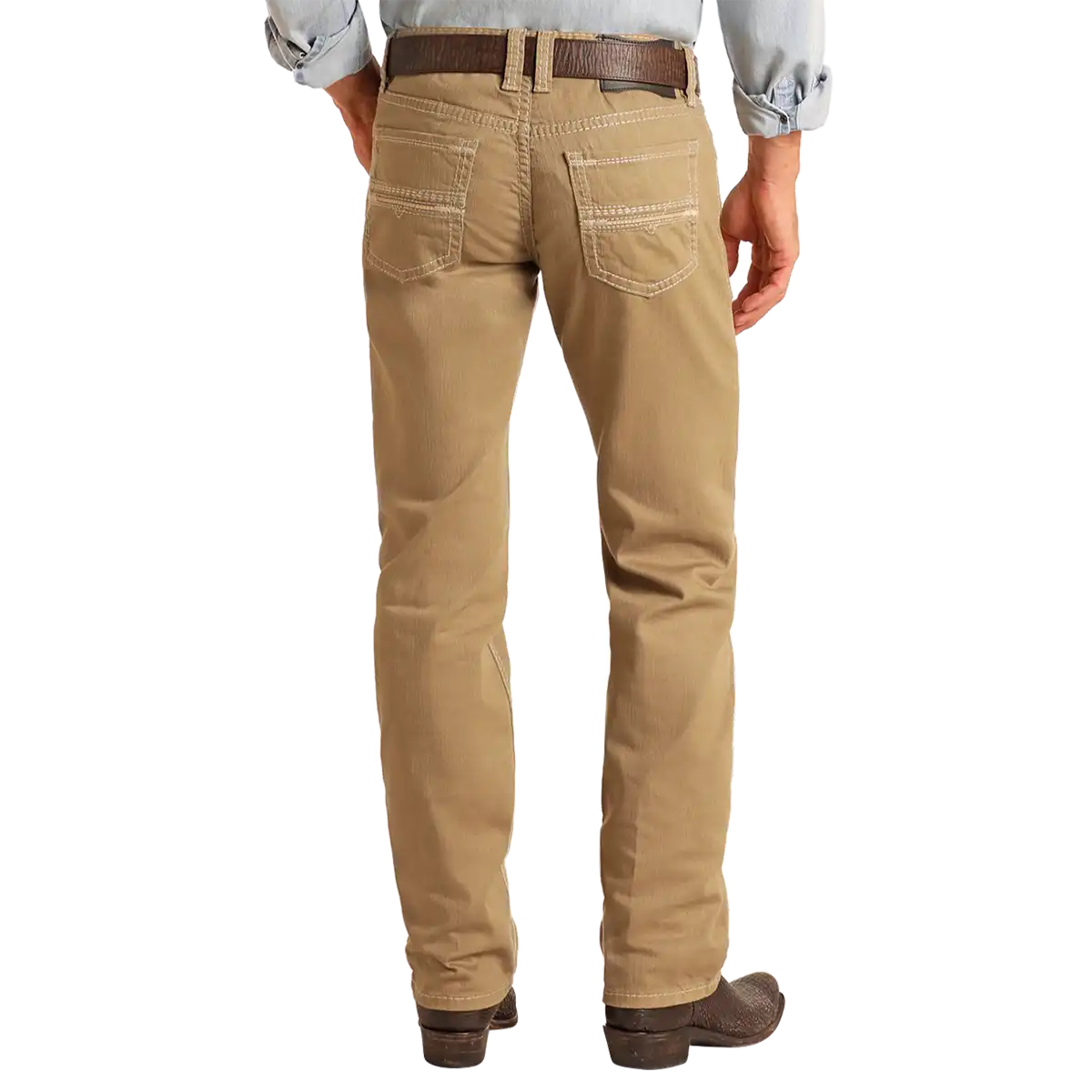 A person shown from the back wearing tan straight-leg jeans with a brown belt and dark brown boots, against a plain white studio background.