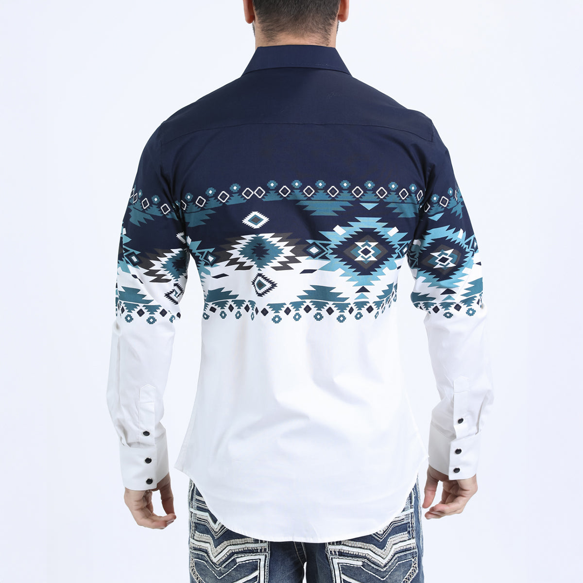Back view of Panoramic Print White Western Shirt