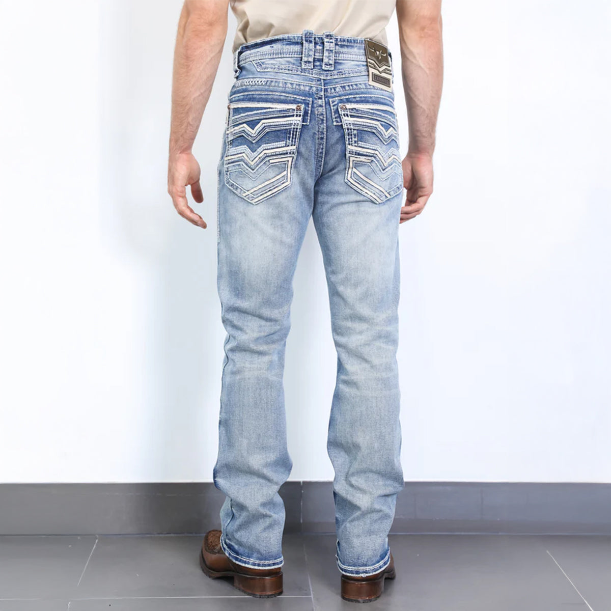 back view of Holt Men's Light Blue Slim Boot Cut Jeans