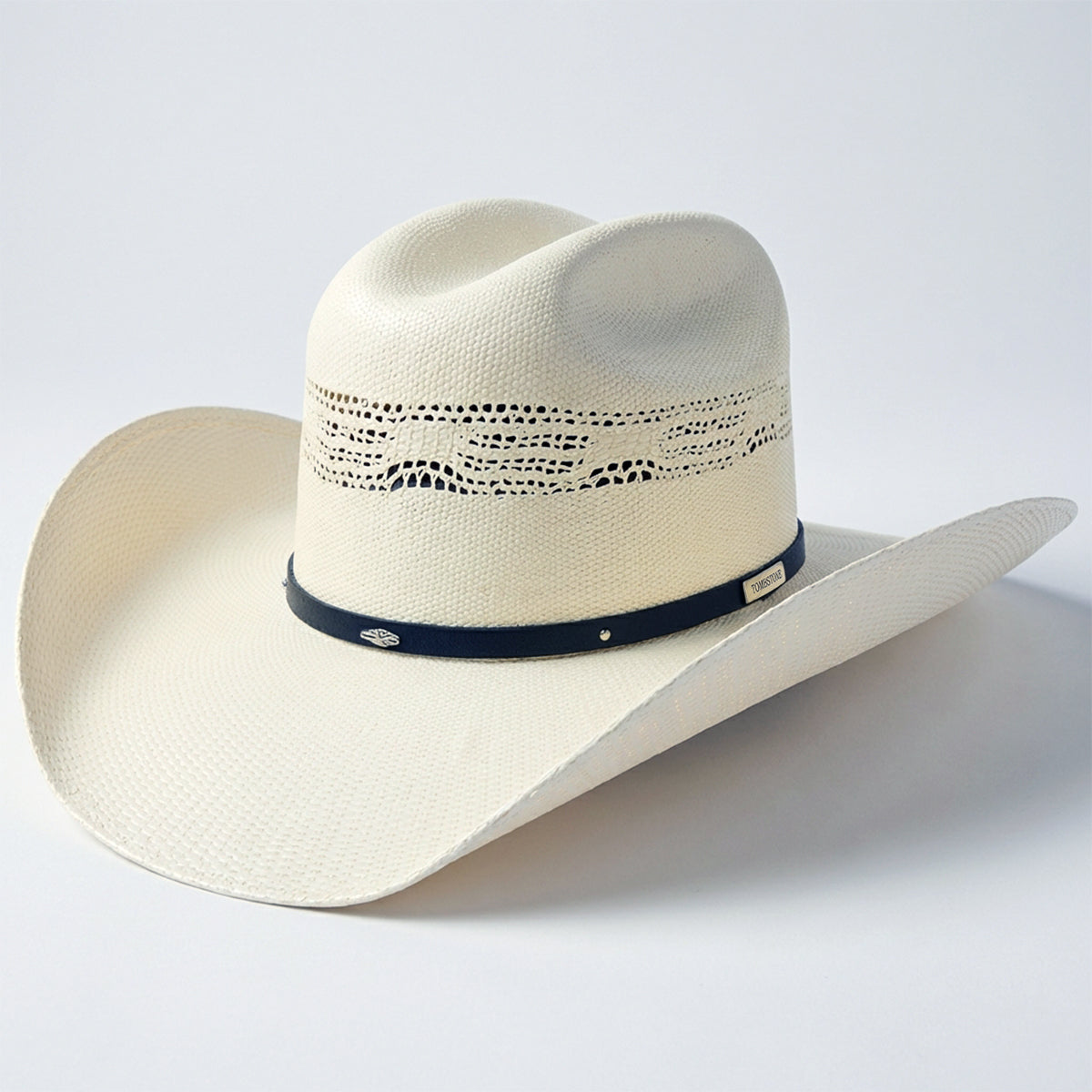 Tomsbtone bangora straw cowboy hat with vented crown.
