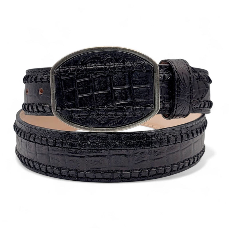 Black caiman print leather western belt.