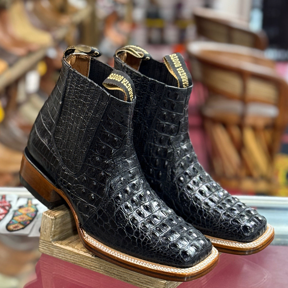 Black Square Toe Crocodile Print Boots