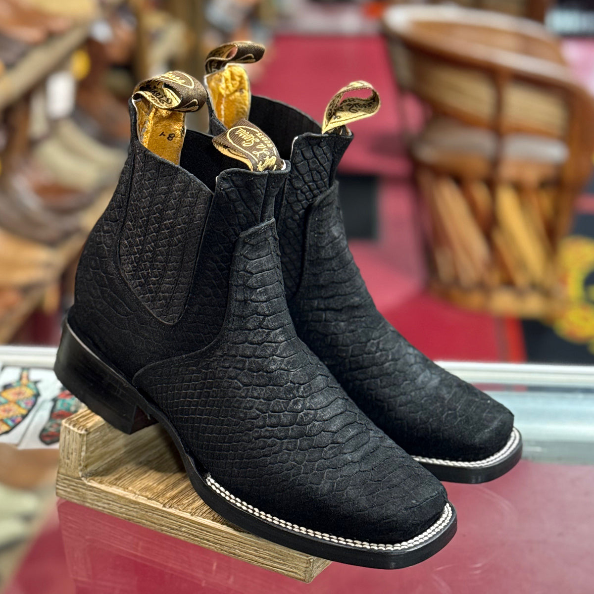 Black Snakeskin Print Chelsea Square Toe Boots