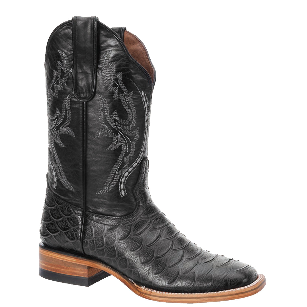 Black snakeskin print square toe cowboy boot