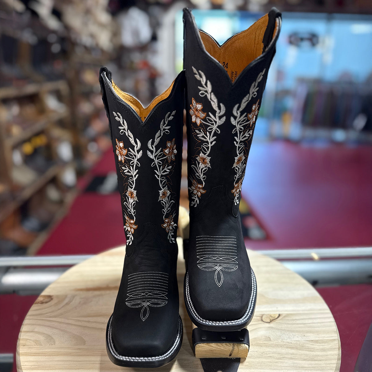 Flower Embroidered Black Square Toe Boots