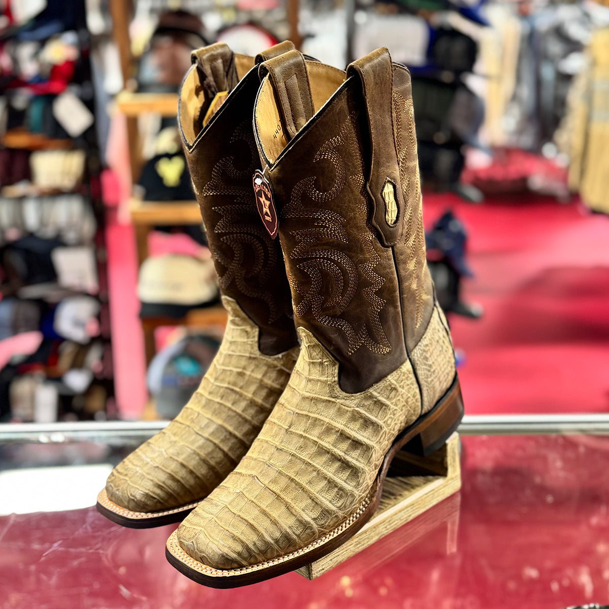 Los Altos men's light honey brown caiman belly square toe western boots.