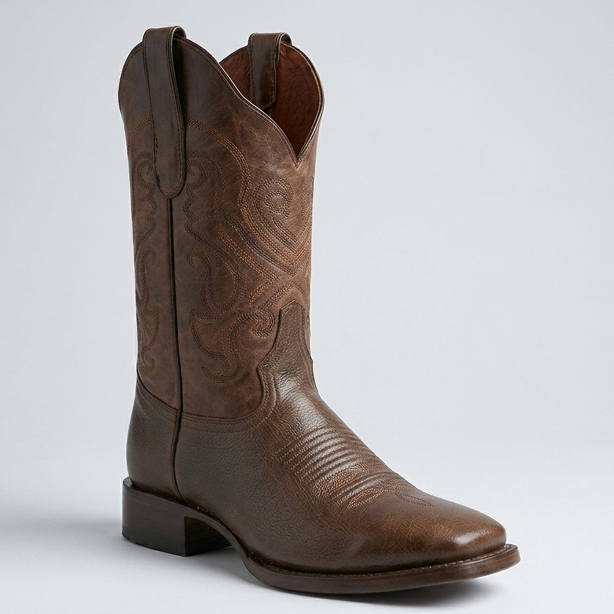 White Diamonds Men's Napa Brown square toe cowboy boot with tan scroll embroidery and Goodyear welt.