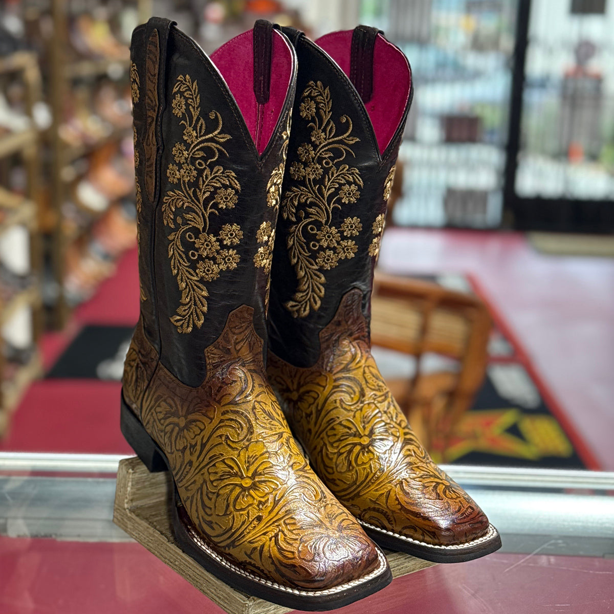 Tooled Print Square Toe Cowgirl Boots