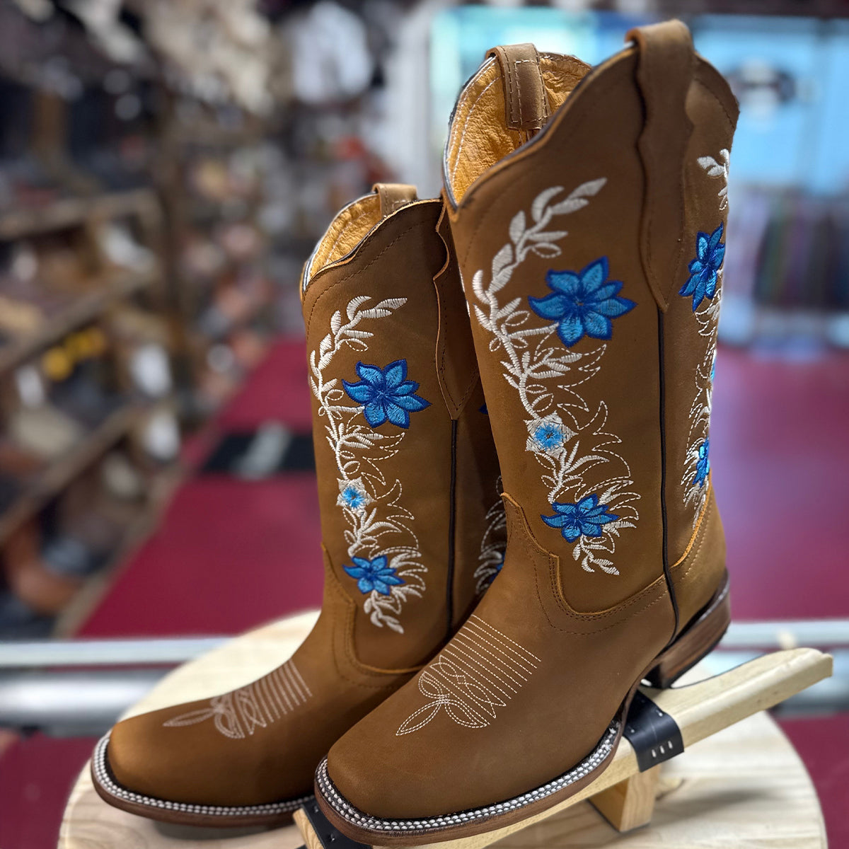 Light Brown Square Toe Boots With Blue Flowers
