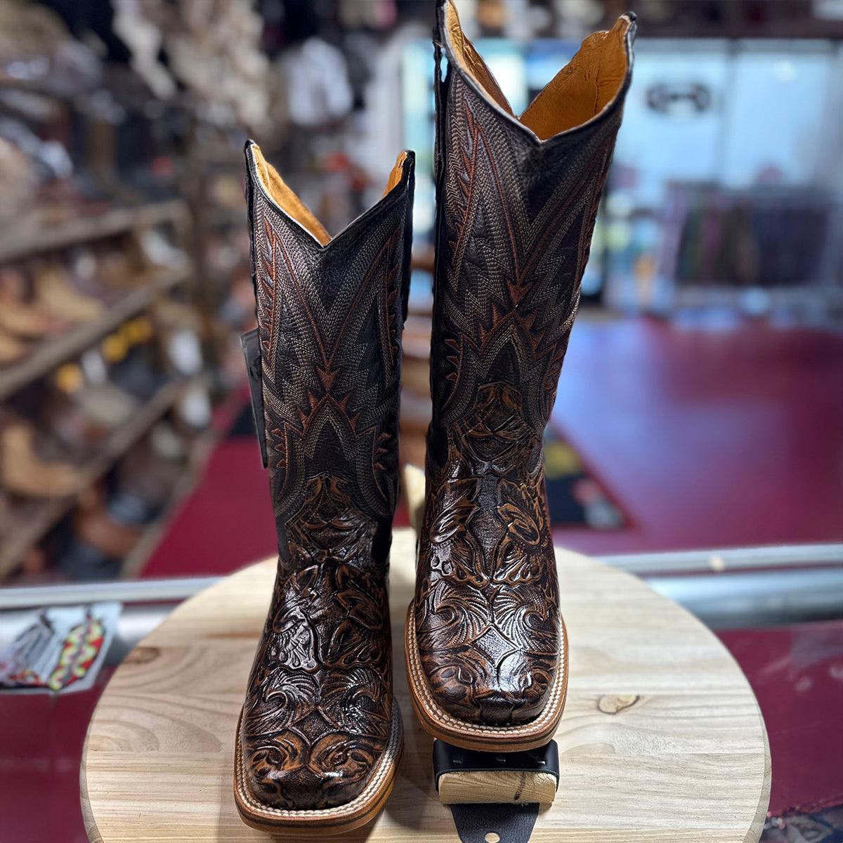 Brown Tooled Square Toe Boots