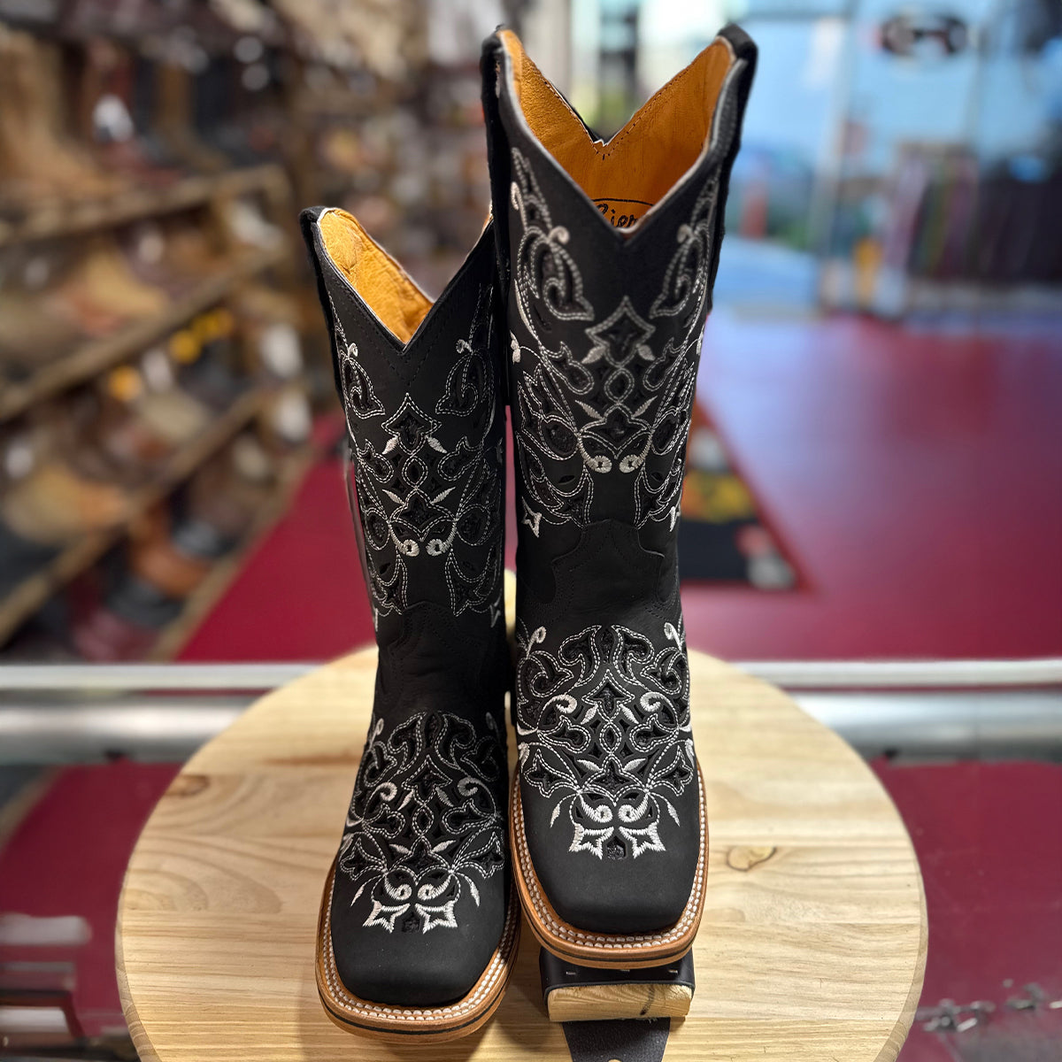 Front view of Laser Cut Black Square Toe Boots