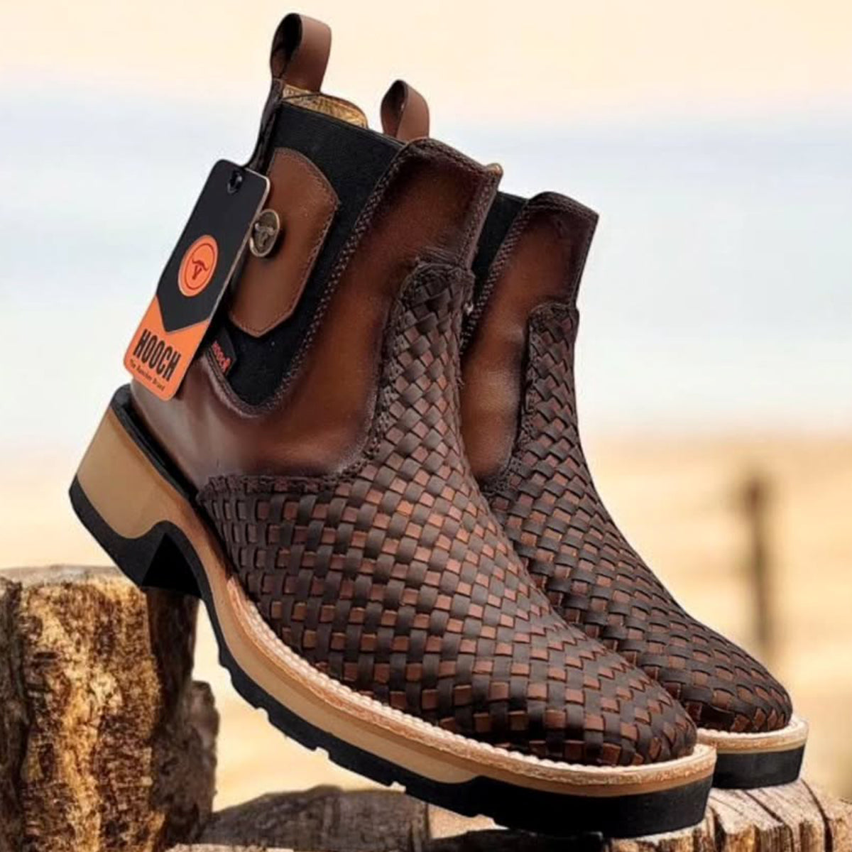 Brown Braided Chelsea Square Toe Boots