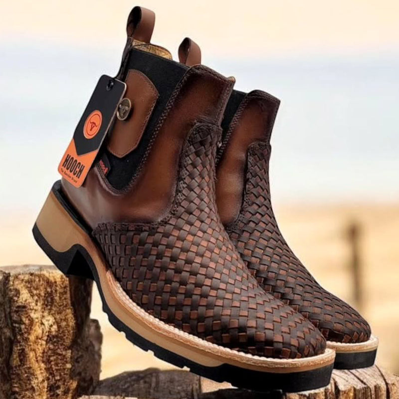 Brown Braided Chelsea Square Toe Boots