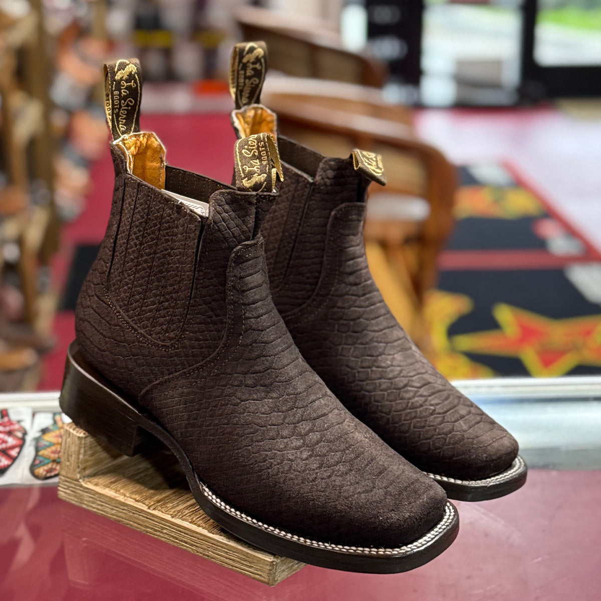 Brown Snakeskin Print Chelsea Square Toe Boots