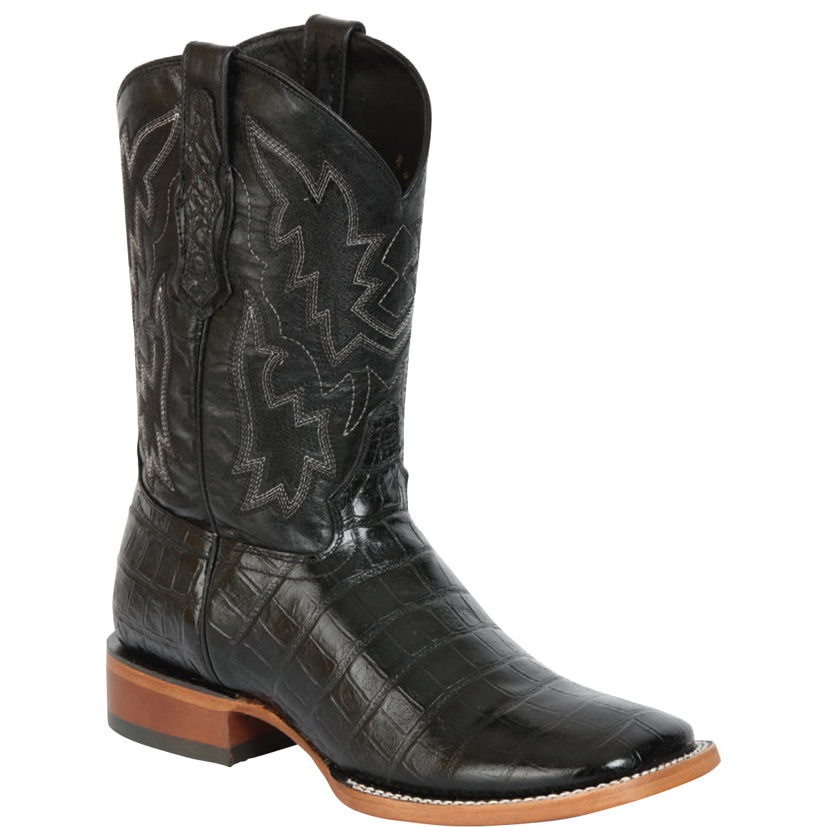 Caiman Print Black Square Toe Western Boot