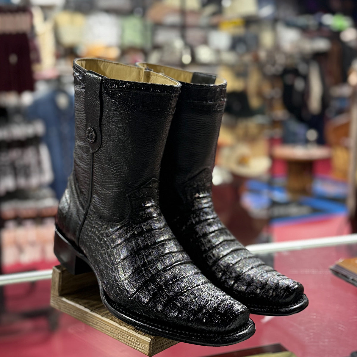 Black Caiman Print Semi Square Toe Boots