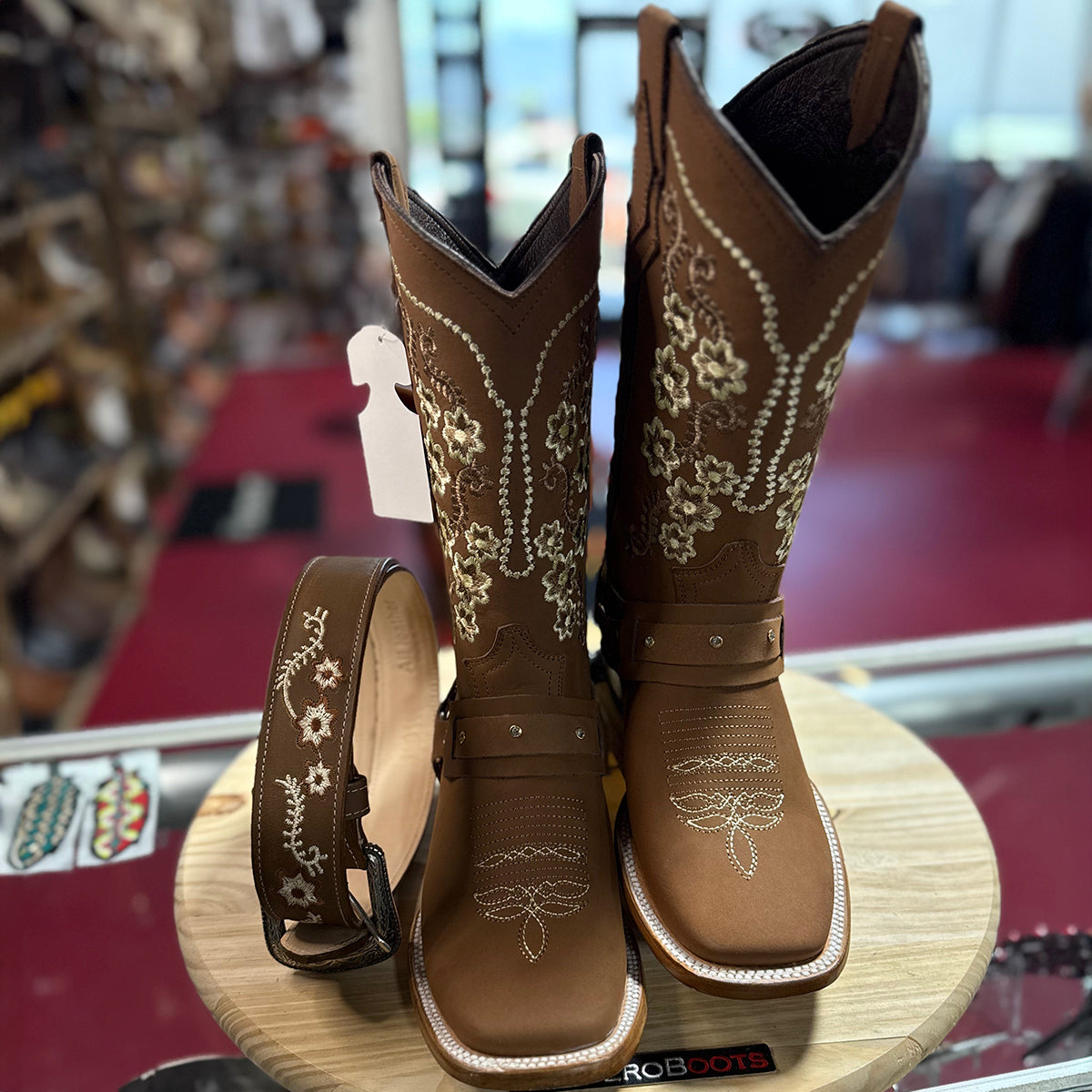 Flowered Embroidered Ladies Square Toe Boots Tan Brown With Matching Belt