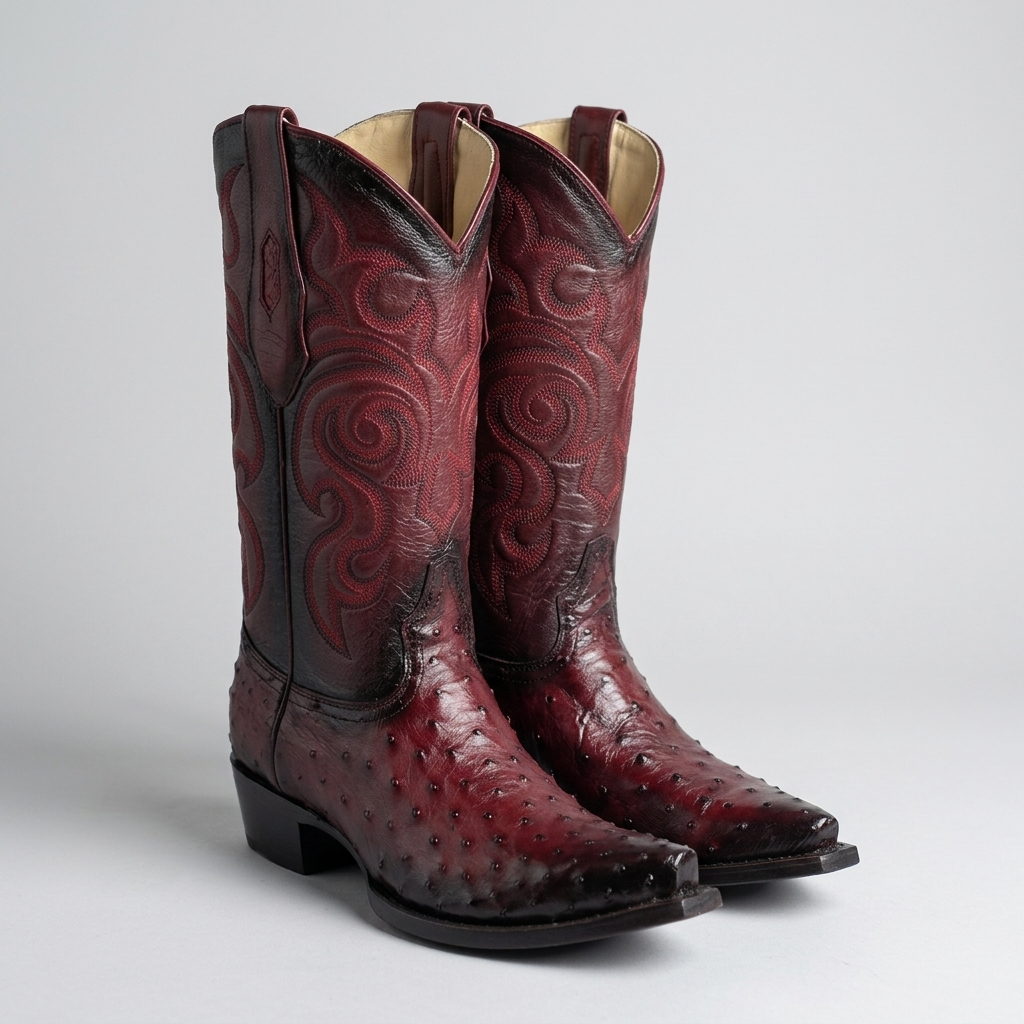Los Altos men's dark red and black burgundy ostrich leather cowboy boots with embossed western scrollwork, shown on a light gray background.