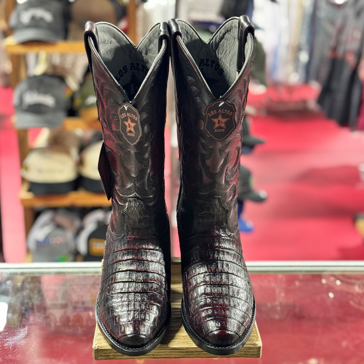 Front view of Los Altos men's black cherry caiman belly leather western boots round toe profile.