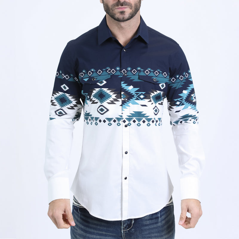 Panoramic Print White Western Shirt