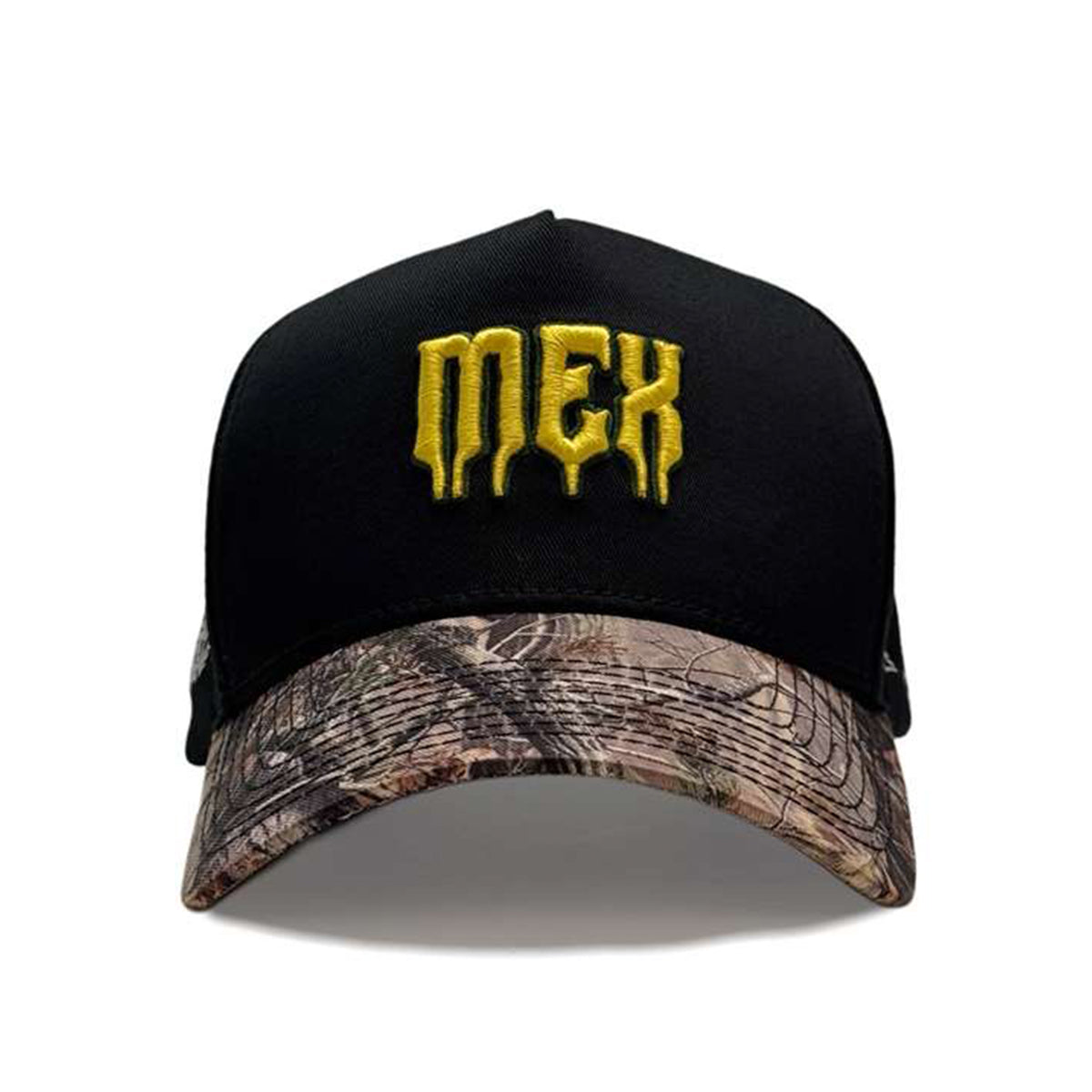 Mexico black cap with yellow 'MEX' logo and camouflage bill on a white background.